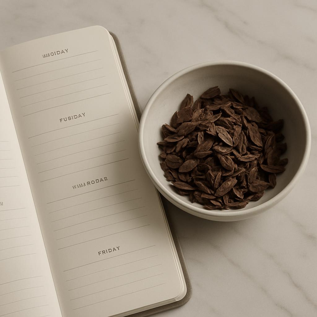 An open notebook or journal next to a small toasted pumpkin seeds bowl, placed on a marble surface.